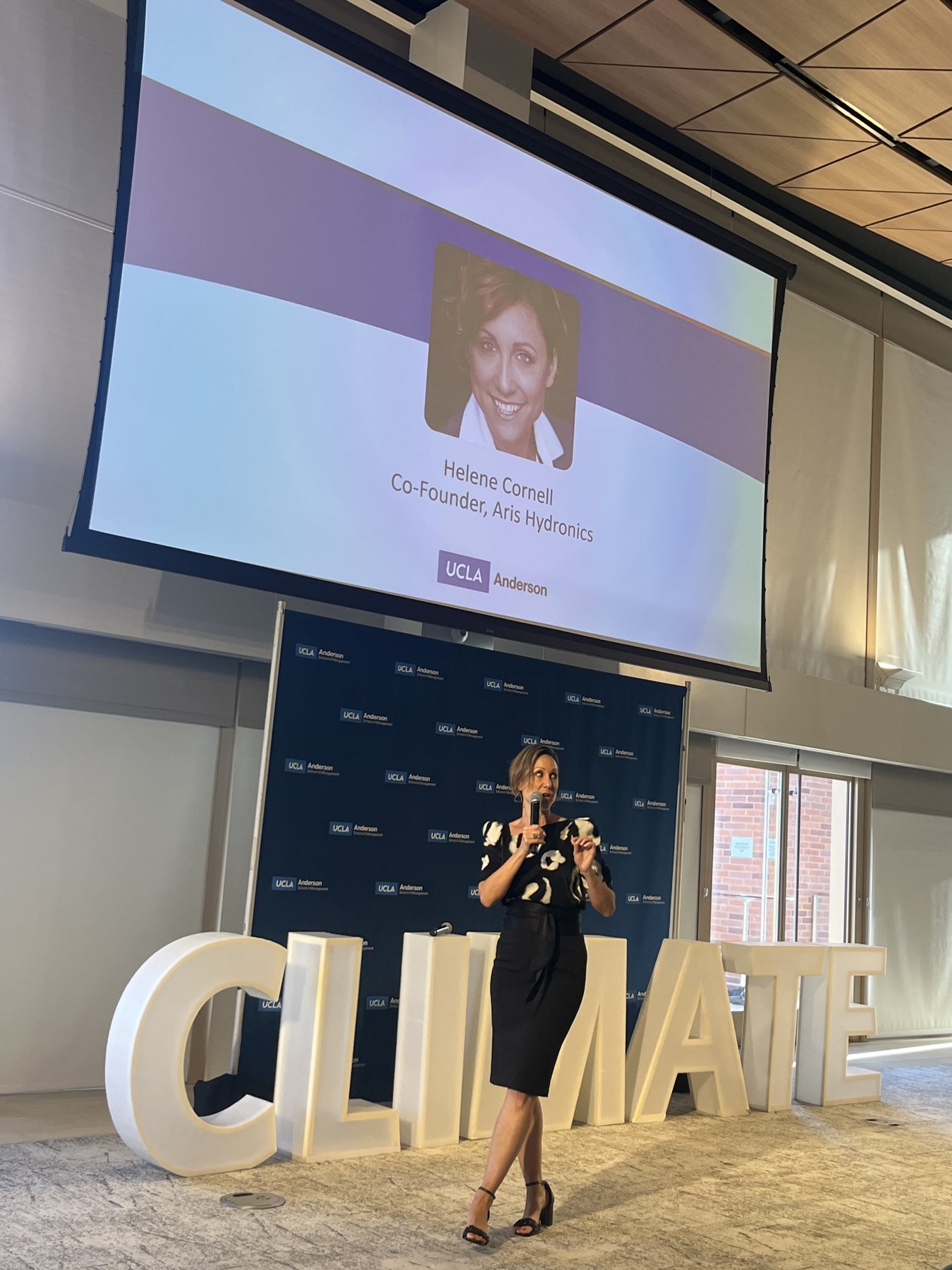 Helene Cornell speaking at a UCLA climate event